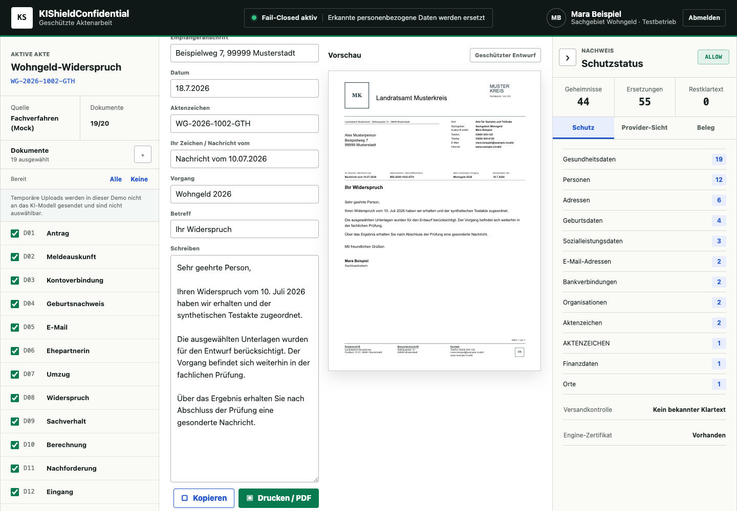 Lokaler Editor und DIN-A4-Vorschau eines synthetischen amtlichen Antwortschreibens